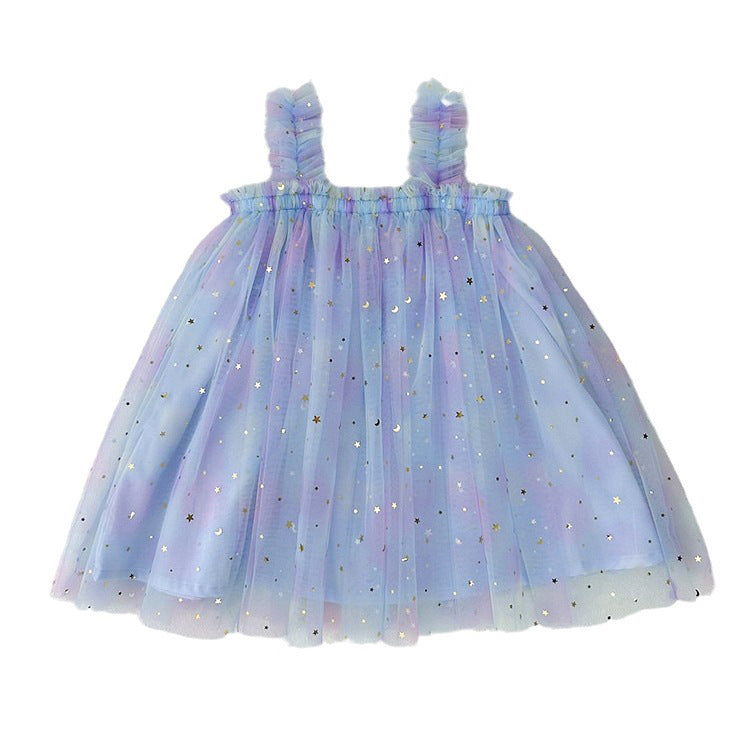 New Design Summer Kids Girls Elegant Fairy Style Sequin Mesh Sleeveless Dress