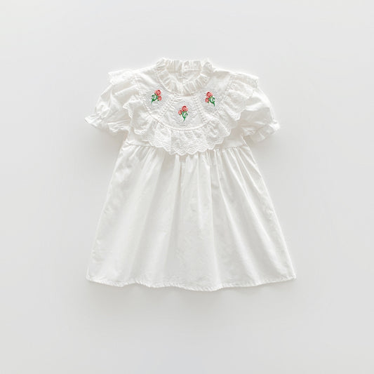 Baby Girl Solid Color Embroidered Pattern Loose Dress, MyKids-USA®, Baby & Toddler Dresses, MyKids-USA - Size/Age - 90 (12-24M) - Color - White -  -  - JM2304232142-B.