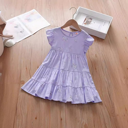 Summer Kids Girls Purple Fly Sleeves Crew Neck Butterfly Print Dress