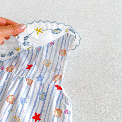 Design Summer Baby Kids Girls Sleeveless Marine Elements Pattern Bodysuit Dress