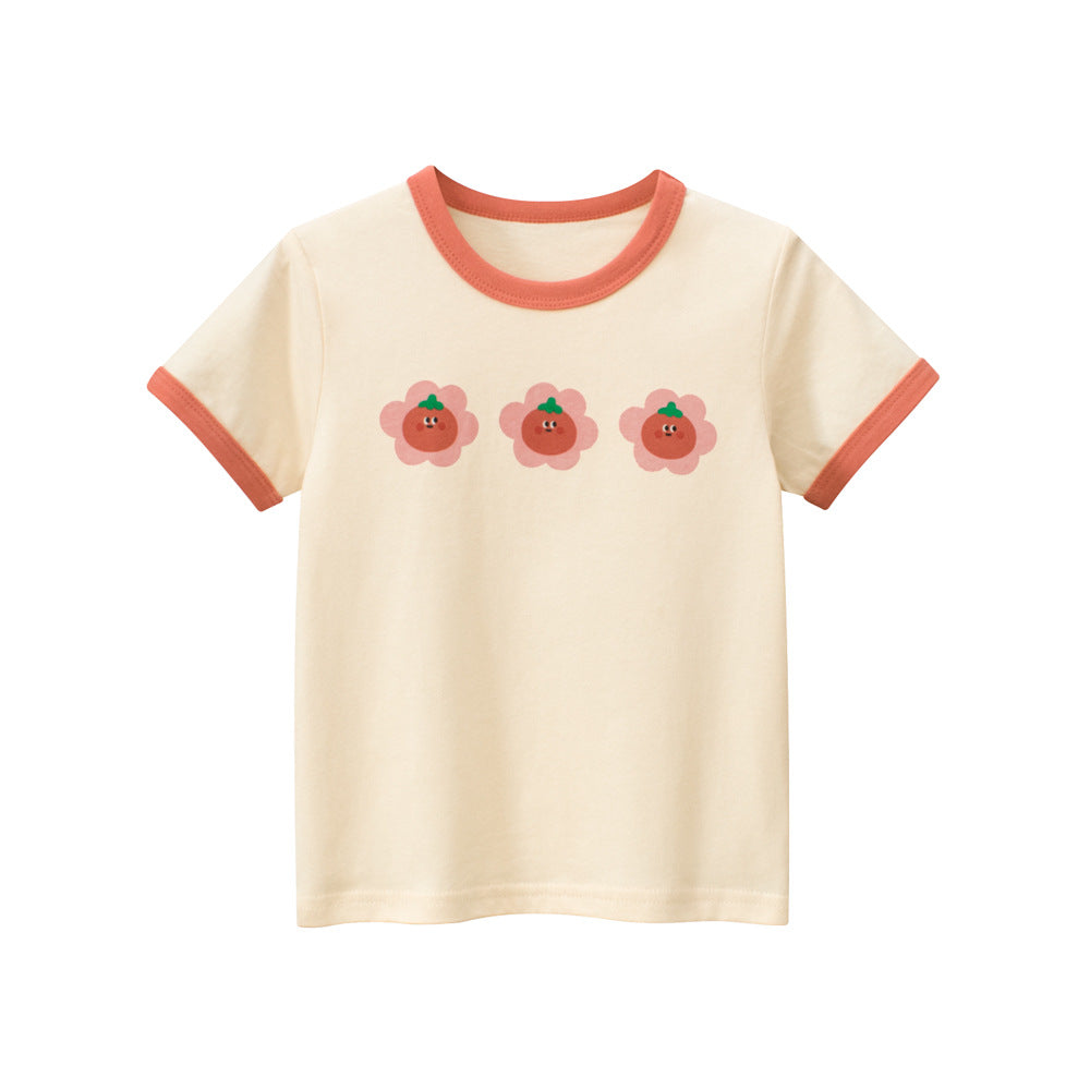 Fruit Flowers Cartoon Pattern Girls’ T-Shirt In European And American Style For Summer