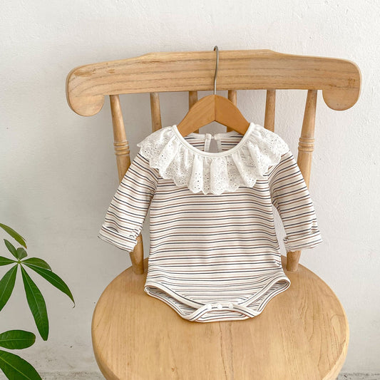 Autumn Striped Pattern Ruffle Neck Tops & bodysuit, MyKids-USA®, Baby & Toddler Outerwear, MyKids-USA - Size/Age - 66 (3-6M) - Color - Beige -  -  - JM2307151910-A.