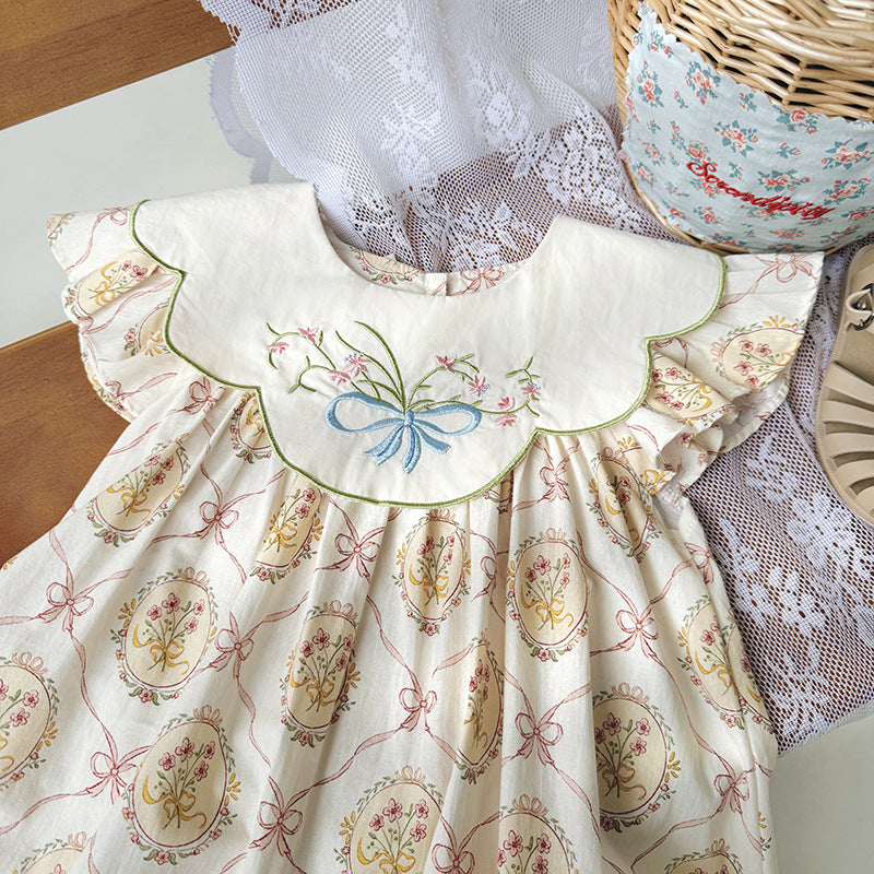 New Design Summer Kids Girls Vintage Floral Print And Embroidery Fly Sleeves Dress