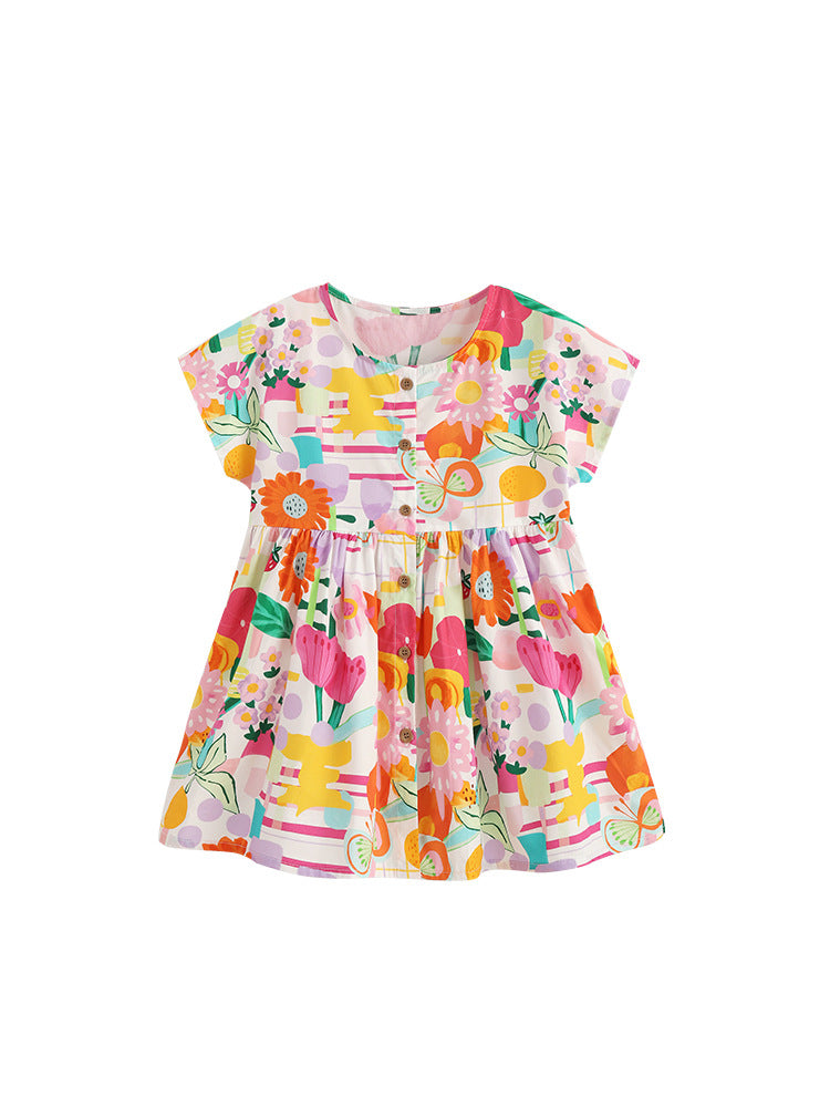 Summer Hot Selling Cute Flowers Pattern Short Sleeves Dress for Stylish Girls