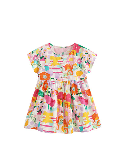Summer Hot Selling Cute Flowers Pattern Short Sleeves Dress for Stylish Girls
