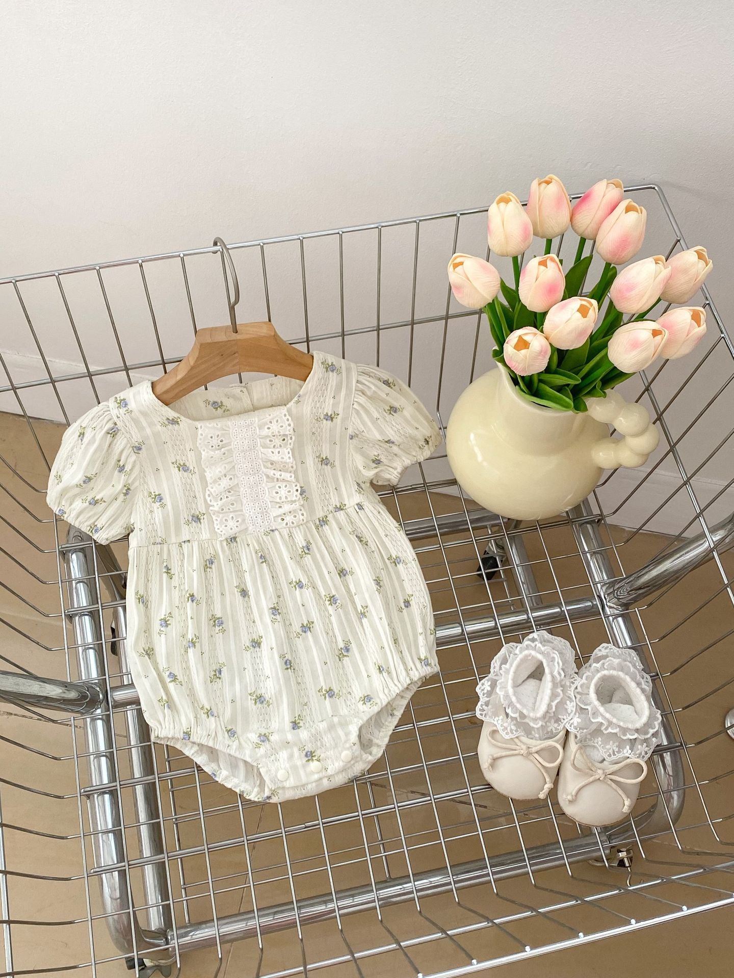 Summer Girls Floral Print Pleat Design Short Sleeves Onesies, MyKids-USA®, Baby One-Pieces, MyKids-USA - Size/Age - 66 (3-6M) - Color - Green -  -  - TR2403272327-A