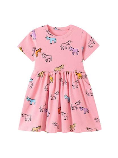 Summer Arrival Animals Cartoon Pattern Short Sleeves Crew Neck Dress for Stylish Girls, MyKids-USA®, Baby & Children's Dresses, MyKids-USA -  -  -  -  -  -  - .