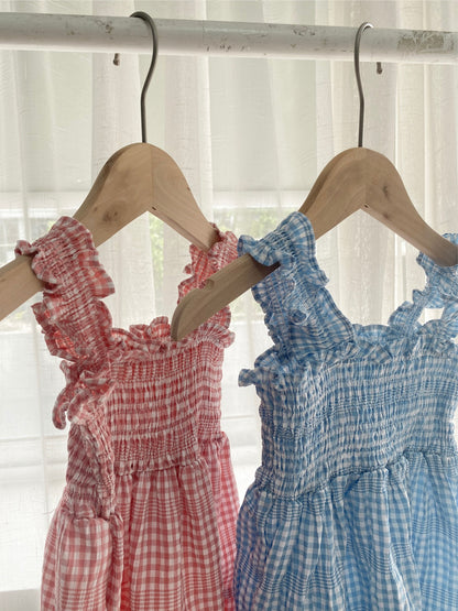 Summer Arrival Baby Girls Sleeveless Plaid Pattern Strap Dress