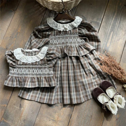 Autumn Arrival Baby Girls Long Sleeves Lace Trim Collar Plaid Dress