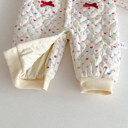 Winter Arrival Baby Girls Long Sleeves Hearts Pattern Fleece-Lined Rompers