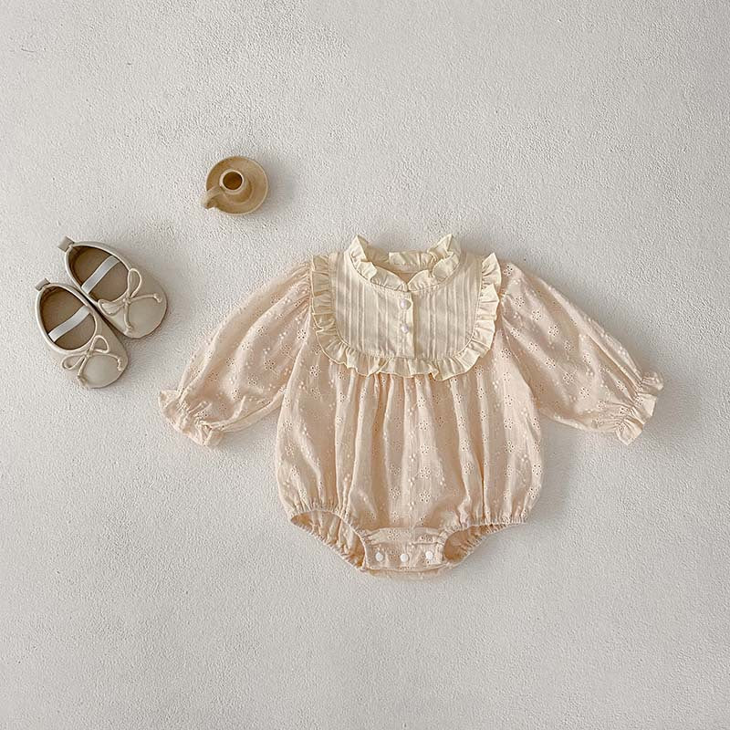 Spring/Autumn Baby Girls Simple Long Sleeves Ruffle Neck Floral Embroidery Hollow Out Onesies, MyKids-USA®, Baby One-Pieces, MyKids-USA - Size/Age - 66 (3-6M) - Color - Beige -  -  - TR2404102329-A