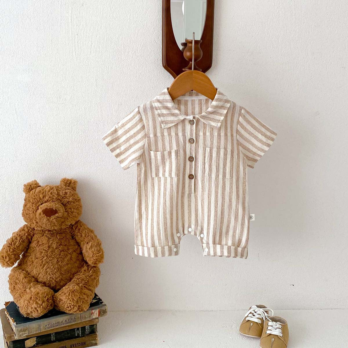 MyKids-USA Summer Design Short Sleeves Striped Rompers, MyKids-USA®, Baby One-Pieces, MyKids-USA - Size/Age - 66 (3-6M) - Color - Khaki -  -  - TR2403102039-B.