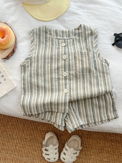 Summer Baby Kids Boys Striped Pattern Sleeveless Vest And Shorts Casual Clothing Set