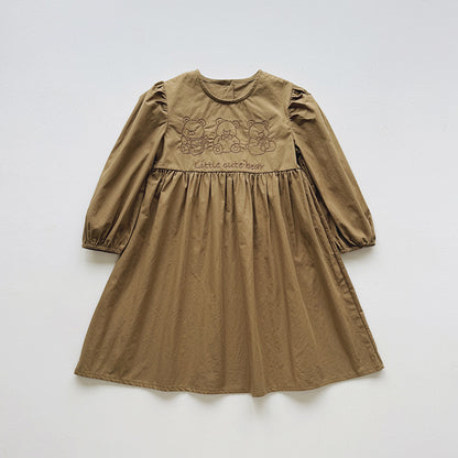 Baby Kids Girls Teddy Bear and Letters Pattern Long Sleeves Crew Neck Dress, MyKids-USA®, Baby & Toddler Dresses, MyKids-USA - Size/Age - 90 (12-24M) - Color - Khaki -  -  - TR2509102304-B
