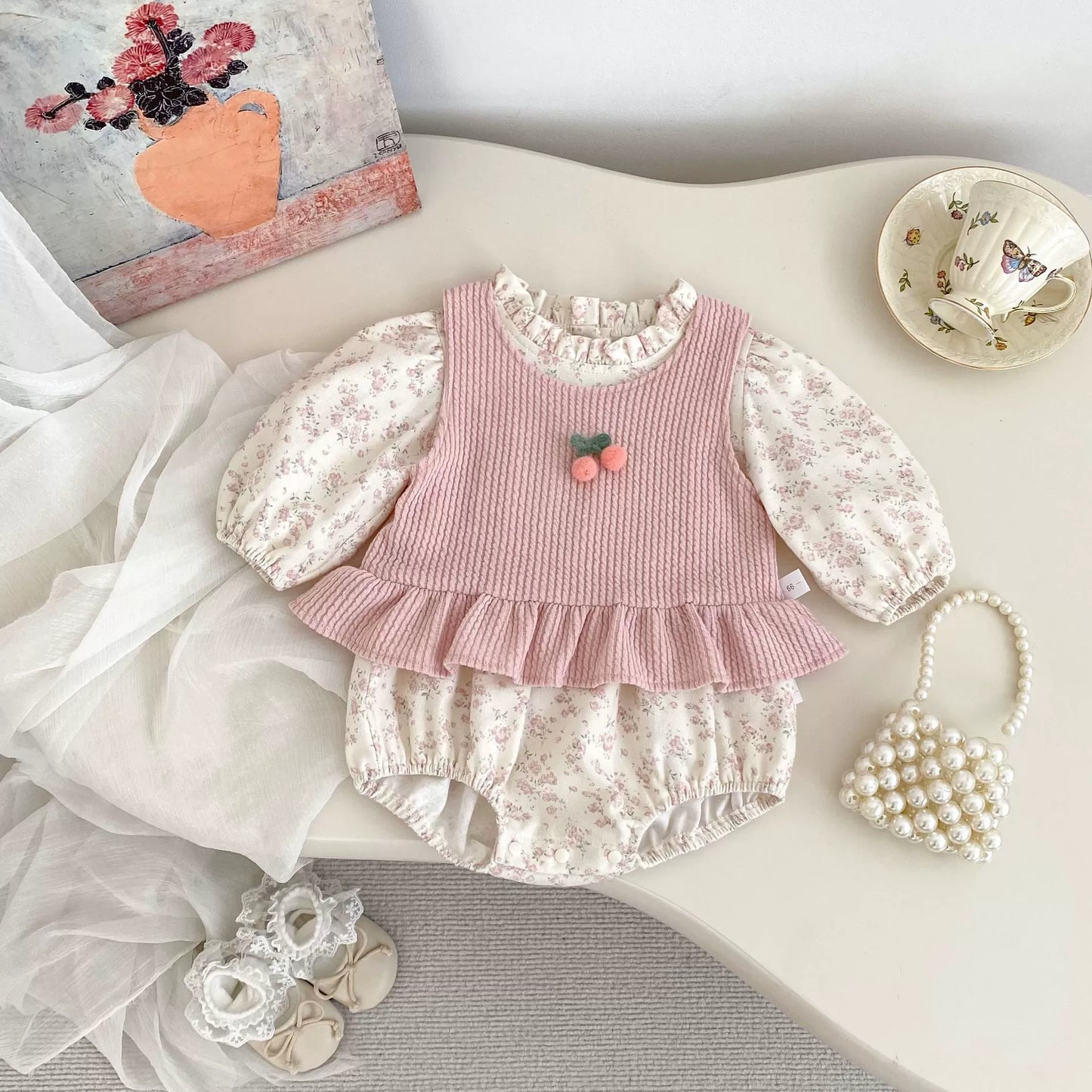 Spring and Autumn Baby Kids Girls Cherry Decorated Sleeveless Vest and Floral Long Sleeves Onesies Clothing Set, MyKids-USA®, Baby & Toddler Outfits, MyKids-USA -  -  -  -  -  -  - 