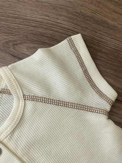 Summer Arrival Baby Short Sleeves Patchwork Waffle Grid Rompers Bodysuits
