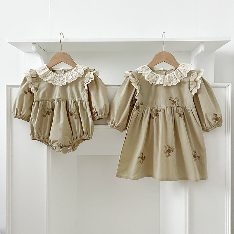 Arrival Autumn Baby Kids Girls Long Sleeves Vintage Floral Embroidery Pattern French Collar Onesies and Dress – Princess Sister Matching Set, MyKids-USA®, Baby & Toddler Outfits, MyKids-USA -  -  -  -  -  -  - 