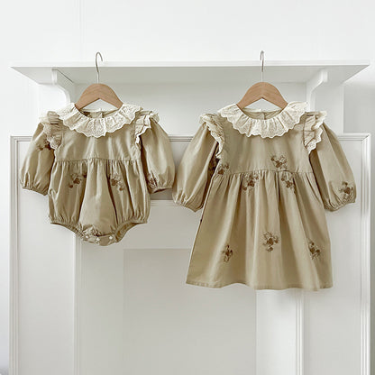 Arrival Autumn Baby Kids Girls Long Sleeves Vintage Floral Embroidery Pattern French Collar Onesies and Dress – Princess Sister Matching Set, MyKids-USA®, Baby & Toddler Outfits, MyKids-USA -  -  -  -  -  -  - 