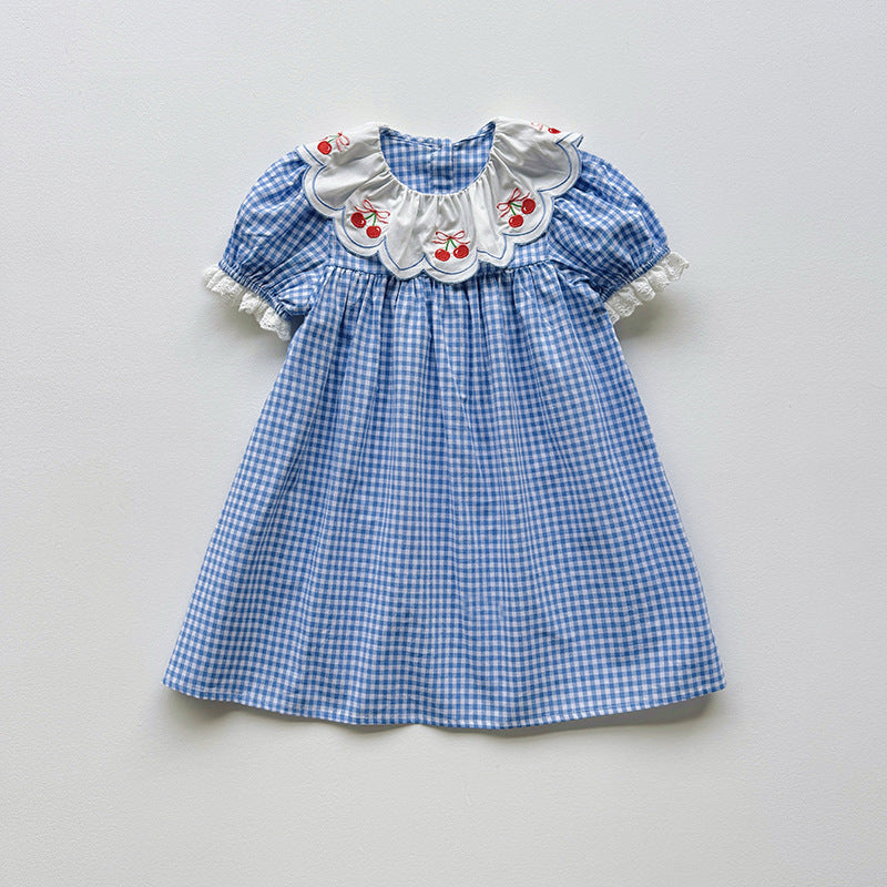 Summer Arrival Baby Girls Short Sleeves Cherry and Plaid Pattern Dress, MyKids-USA®, Baby & Children's Dresses, MyKids-USA - Size/Age - 90 (12-24M) - Color - Blue -  -  - TR2604161554-A.