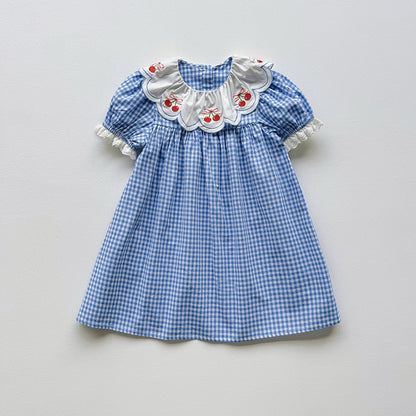 Summer Arrival Baby Girls Short Sleeves Cherry and Plaid Pattern Dress, MyKids-USA®, Baby & Children's Dresses, MyKids-USA - Size/Age - 90 (12-24M) - Color - Blue -  -  - TR2604161554-A.