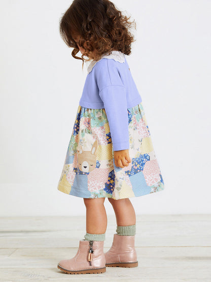 Spring Baby Grils Kids Long Sleeve Cartoon Patchwork Design Dress