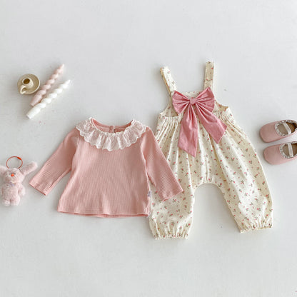 Winter and Autumn Baby Kids Girls Long Sleeves Lace Trim Top and Floral Sleeveless Overalls Clothing Set, MyKids-USA®, Baby & Toddler Outfits, MyKids-USA -  -  -  -  -  -  - 