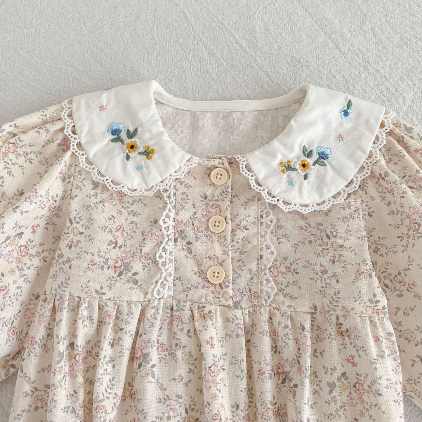 Arrival Spring and Autumn Flowers Pattern Baby Kids Girls Peter Pan Collar Onesies and Dress – Princess Sister Matching Set