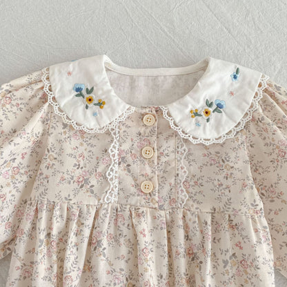 Arrival Spring and Autumn Flowers Pattern Baby Kids Girls Peter Pan Collar Onesies and Dress – Princess Sister Matching Set