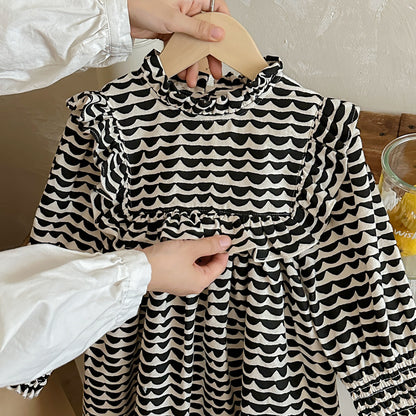 Arrival Autumn Girls Wave Print Stand Collar Ruffle Hem Dress, MyKids-USA®, Baby & Toddler Dresses, MyKids-USA -  -  -  -  -  -  - 