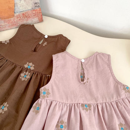 MyKids-USA® Arrival Autumn Baby Kids Girls Long Sleeves Apricot Dress and Flowers Embroidered Sleeveless Dress Clothing Set
