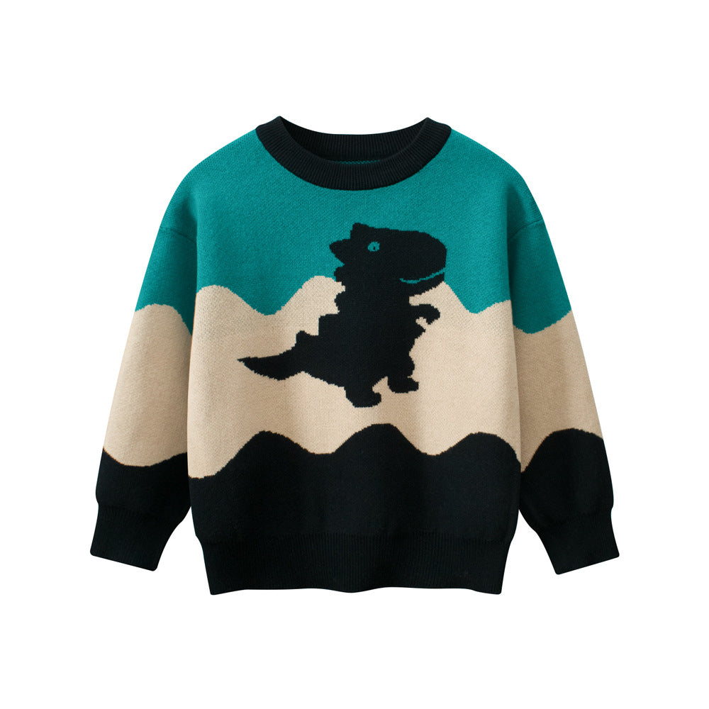 Baby Boy Kids Dinosaur Pattern Crew Neck Long Sleeves Color Patchwork Knitwear Pullover