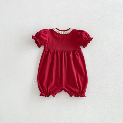 Arrival Summer Baby Kids Girls Short Sleeves Lace Trim Red Rompers