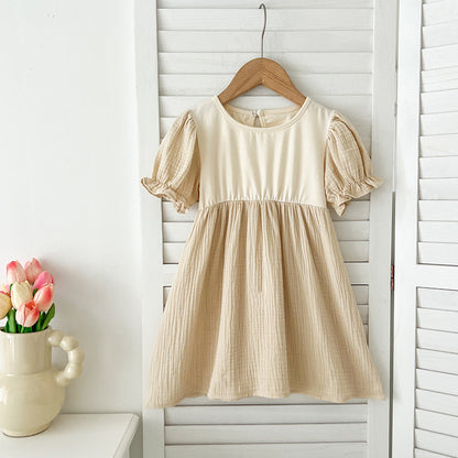 Summer Girls Apricot Patchwork Crew Neck Short Sleeves Onesies And Girls’ Dress – Simple Sister Matching Set, MyKids-USA®, Baby & Toddler Outfits, MyKids-USA - Size/Age - 66 (3-6M) - Color - Apricot -  -  - TR2405281631-A