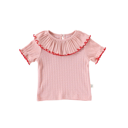 Girls’ Hollow-out Pattern Short Sleeves Top Shirt in European and American Style for Summer, MyKids-USA®, Baby & Toddler Tops, MyKids-USA - Size/Age - 73 (6-9M) - Color - Pink -  -  - TR2505212347-C
