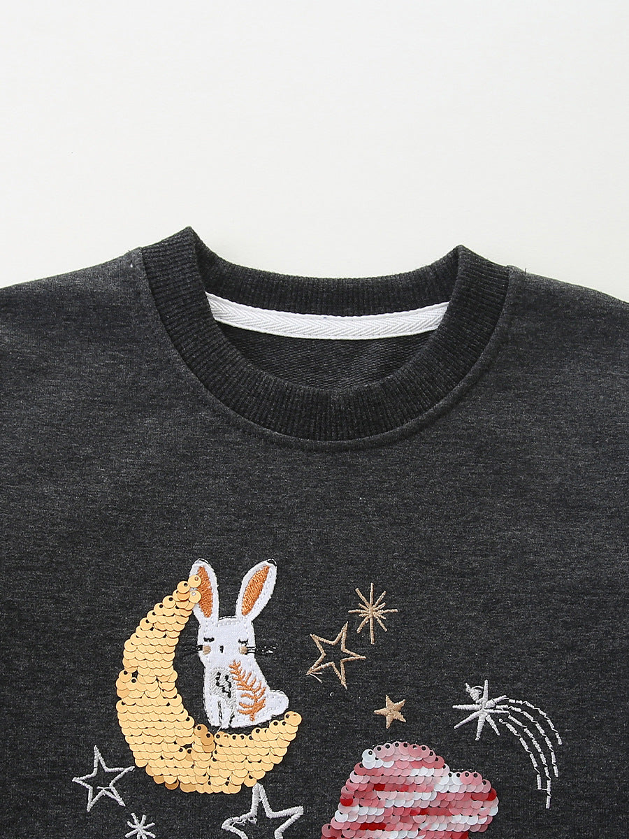 Autumn and Spring Arrival Sequins Cartoon Pattern Long Sleeves Pullover for Stylish Girls