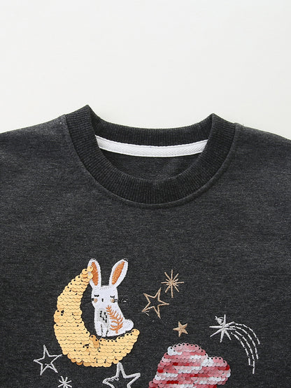 Autumn and Spring Arrival Sequins Cartoon Pattern Long Sleeves Pullover for Stylish Girls