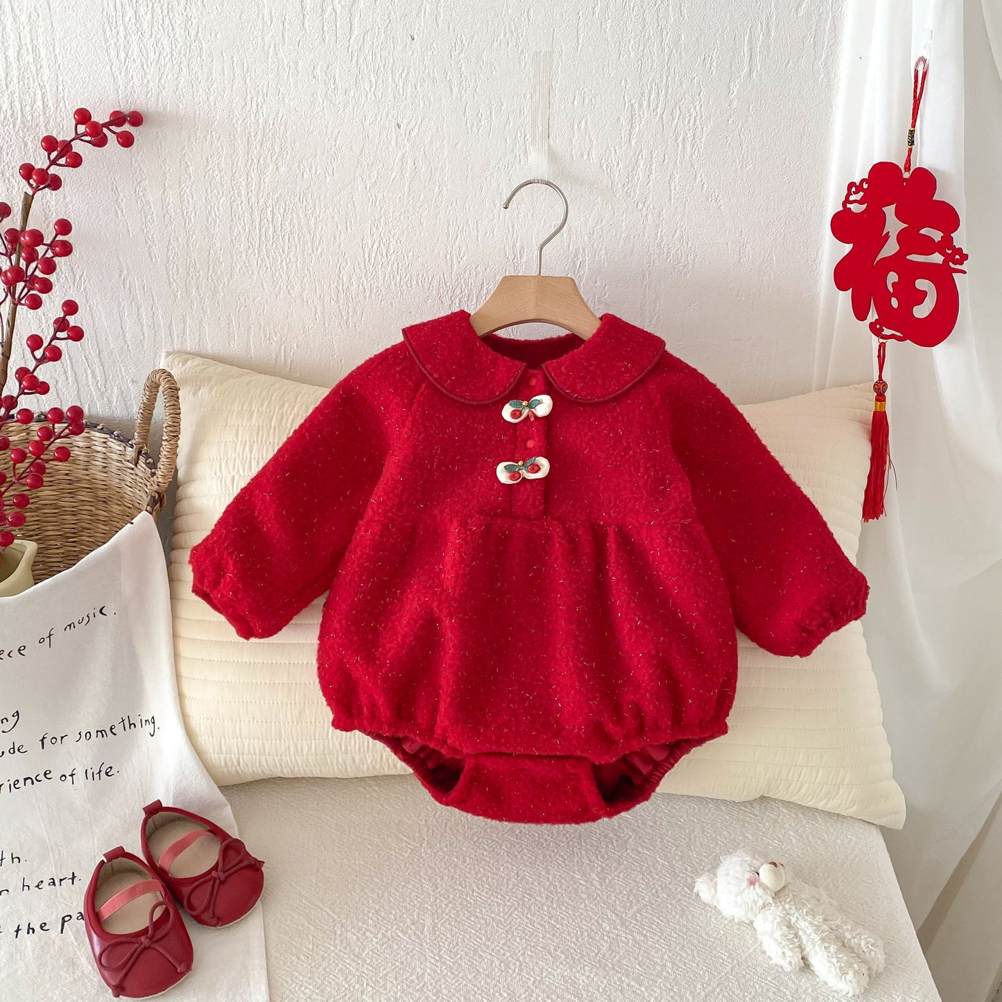 Winter Arrival Baby Girls Cute Cherry Attached Red Long Sleeves Onesies, MyKids-USA®, Baby One-Pieces, MyKids-USA - Size/Age - 66 (3-6M) - Color - Red -  -  - TR2412251736-A