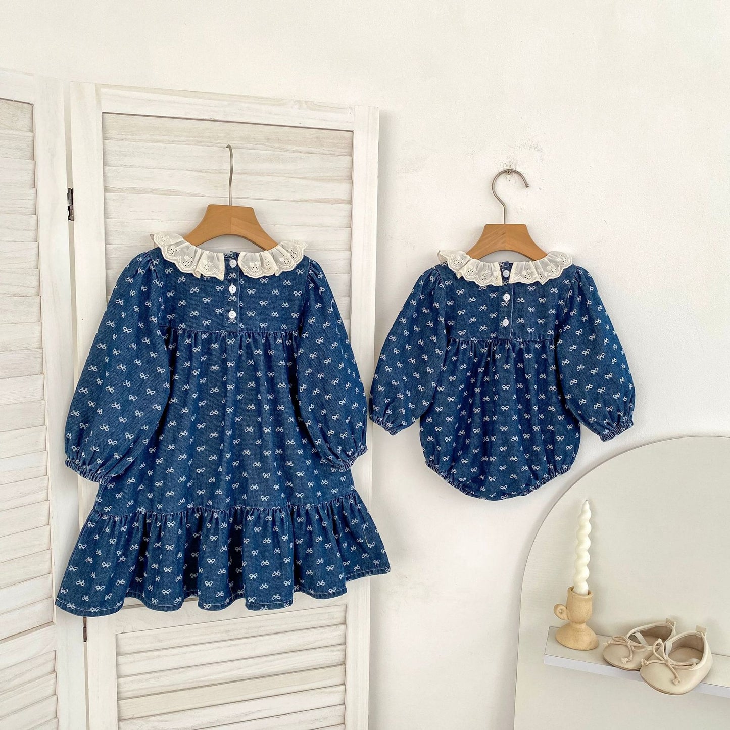 MyKids-USA® Autumn Baby Girls Denim Long-sleeved Onesies and Dress – Princess Sister Matching Set