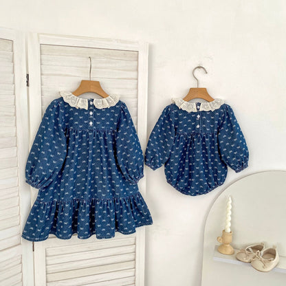 MyKids-USA® Autumn Baby Girls Denim Long-sleeved Onesies and Dress – Princess Sister Matching Set