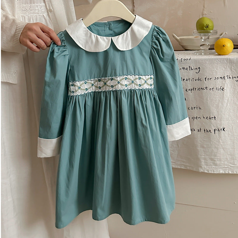 Arrival Autumn Girls Peter Pan Collar Long Sleeves Floral Argyle Pattern Dress - 90 (12-24M) / Blue Arrival Autumn Girls Peter Pan Collar Long Sleeves Floral Argyle Pattern Dress - 90 (12-24M) / Blue