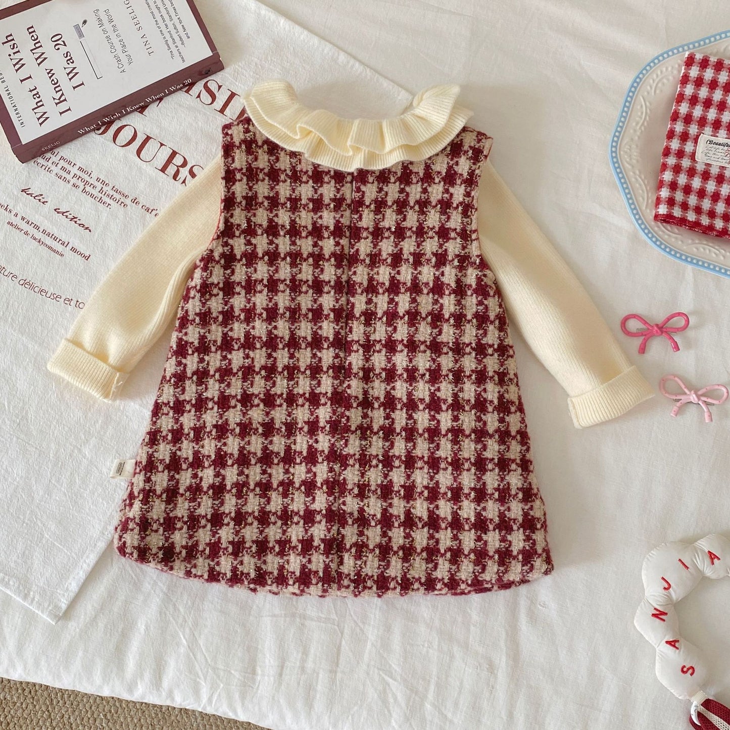 Winter and Autumn Baby Kids Girls Long Sleeves Knitted Sweater and Houndstooth Sleeveless Dress Clothing Set