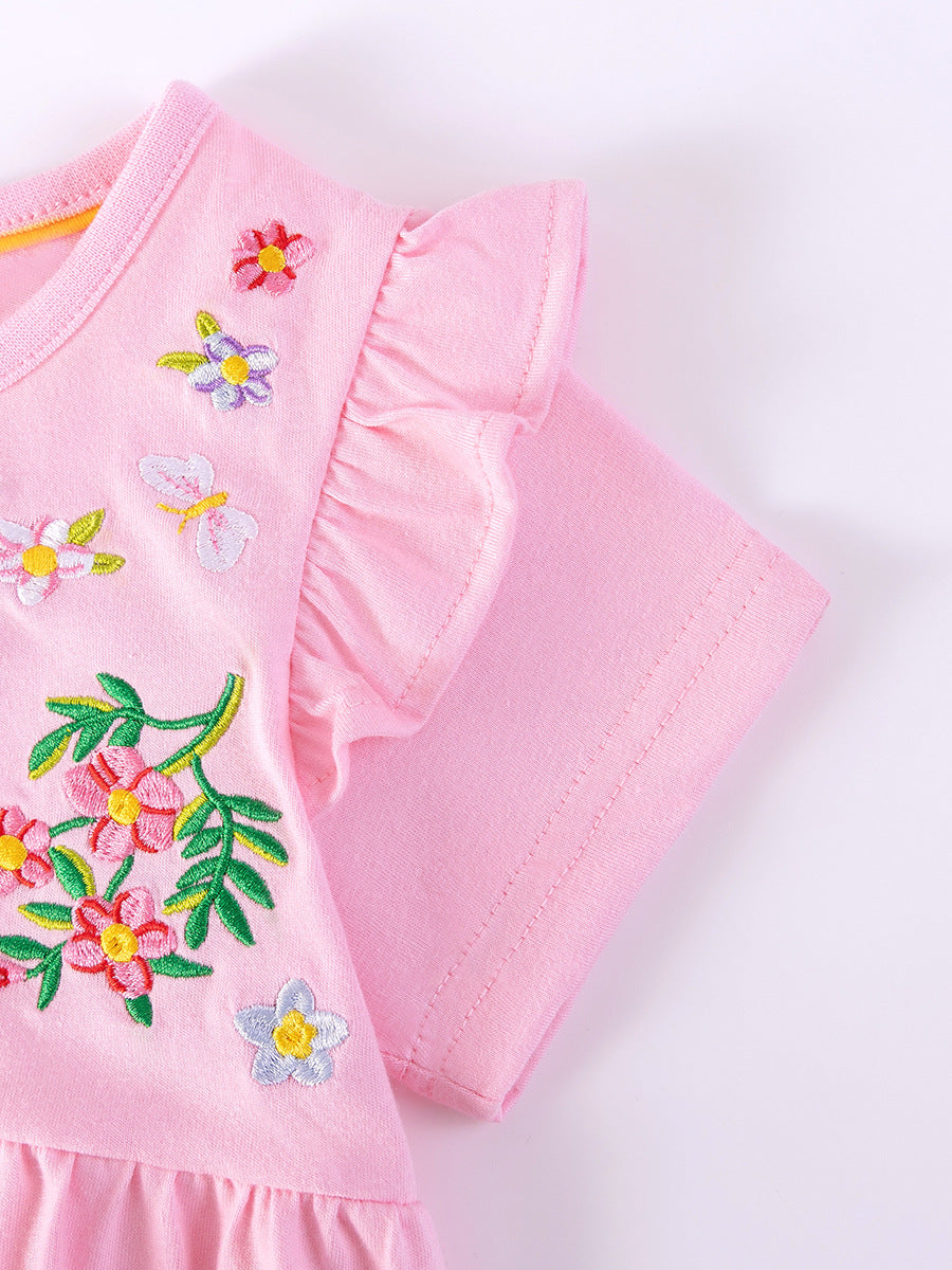 Summer Arrival Flowers Pattern Embroidered Short Sleeves Dress for Stylish Girls