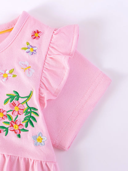 Summer Arrival Flowers Pattern Embroidered Short Sleeves Dress for Stylish Girls