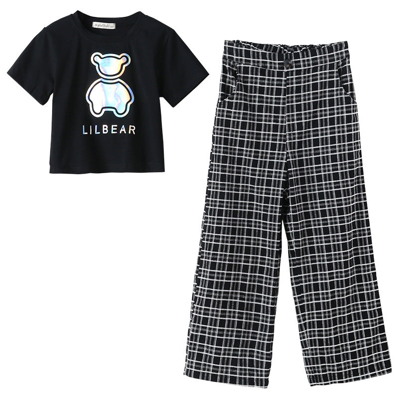Summer Girls Abstract Teddy Print Short Sleeves T-Shirt And Plaid Pants Clothing Set