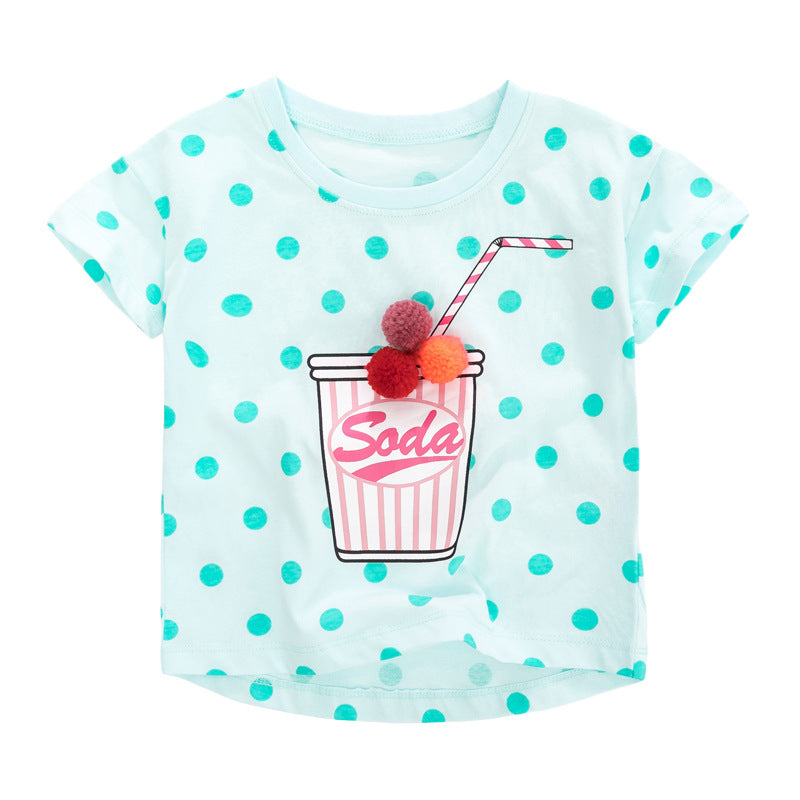 Girls’ Polka Dots Soda Print T-Shirt In European And American Style For Summer