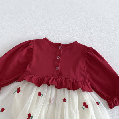 Spring Arrival Baby Girls Long Sleeves Cherry Pattern Tulle Decorated Bodysuit Dress, MyKids-USA®, Baby & Toddler Dresses, MyKids-USA -  -  -  -  -  -  - .