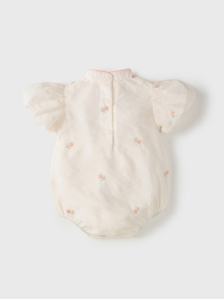 Summer New Design Baby Girls Light Floral Pattern Short Sleeves Stand Collar Sweet Cute Onesies