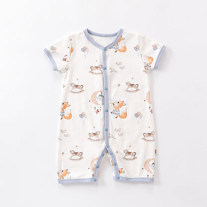 Summer Baby Boys And Girls Cartoon Print Short Sleeves Button Open Front Romper