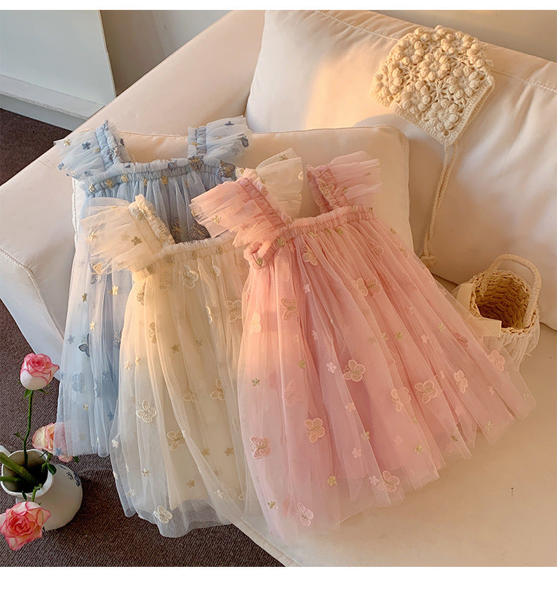 Summer Baby Kids Girls Sleeveless Butterfly Embroidered Mesh Design Off Shoulder Strap Dress, MyKids-USA®, Baby & Toddler Dresses, MyKids-USA -  -  -  -  -  -  - 