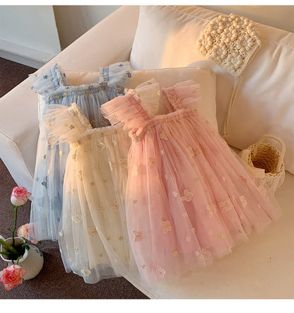 Summer Baby Kids Girls Sleeveless Butterfly Embroidered Mesh Design Off Shoulder Strap Dress, MyKids-USA®, Baby & Toddler Dresses, MyKids-USA -  -  -  -  -  -  - 